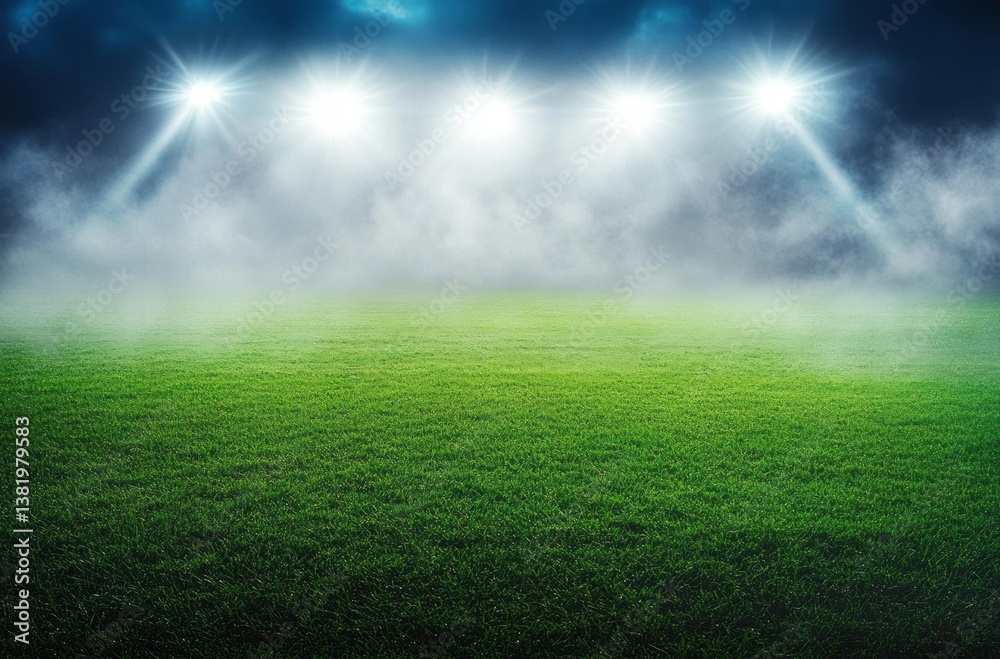 Obraz premium Dramatic Nighttime Scene of an Empty Sports Field Illuminated by Bright Floodlights Surrounded by Mist for Inspirational Sports Imagery