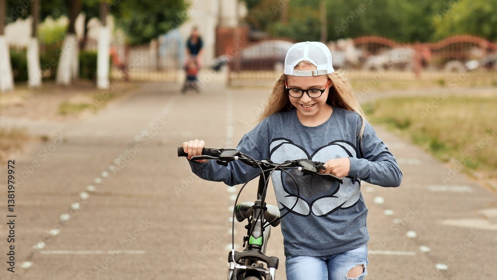 Obraz premium An eleven-year-old girl in a good mood rides a bicycle and after a stop shows a thumbs-up.
