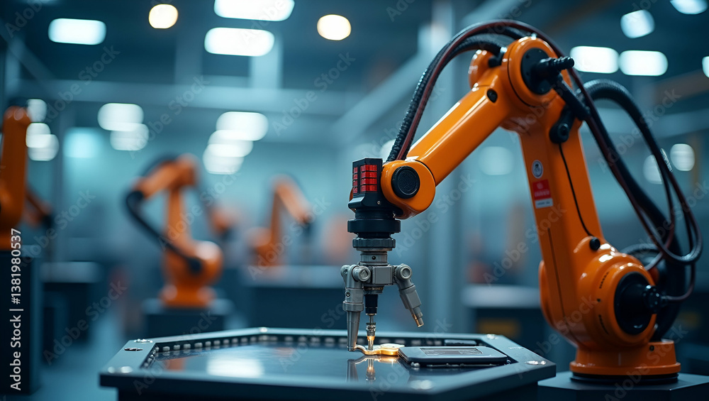 Advanced Industrial Robotic Arms: Precision Mechanical Design & Integrated Control Systems for Optimized Manufacturing Automation - Stock Photo Concept with Left Space Advanced Industrial Robotic Arms: Precision Mechanical Design & Integrated Control Systems for Optimized Manufacturing Automation - Stock Photo Concept with Left Space