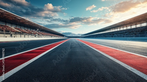 Race track sunset, asphalt, grandstands, mountains, speed, competition, advertising