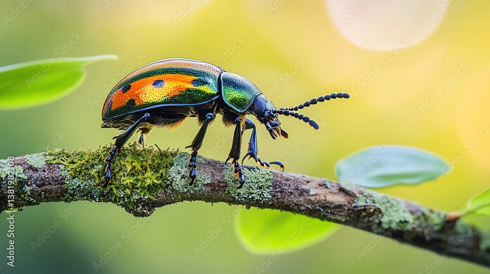 Fototapeta premium Colorful beetle on branch in nature