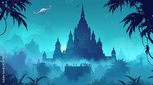 Misty jungle castle at twilight