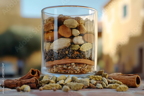 Aromatic Djiboutian Shaah Spices and Tea Leaves Displayed in Glass photo