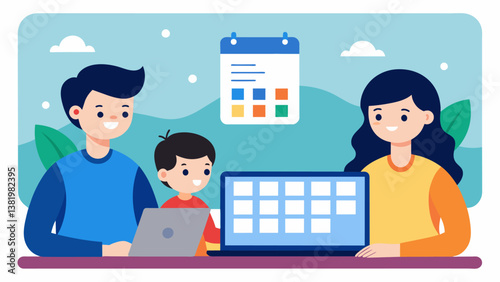 A family sitting in front of their computer syncing the schools online calendar with their own to ensure they dont miss any important events.. Vector illustration