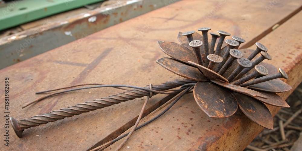 Unique metal flower sculpture created from recycled materials on a rustic table