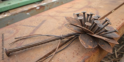 Obraz na płótnie Unique metal flower sculpture created from recycled materials on a rustic table w salonie