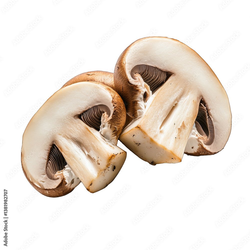 Fototapeta premium Fresh sliced mushrooms, light beige and off-white layers, ideal for cooking or garnishing dishes, healthy ingredient focus. Isolated on white background or PNG
