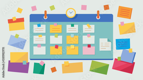 A chaotic but organized family office with colorful sticky notes covering the calendar and marking various school commitments and events for each family member.. Vector illustration