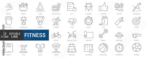 Fitness and sport - thin line editable stroke icon set. outline vector collection. simple web symbols.
