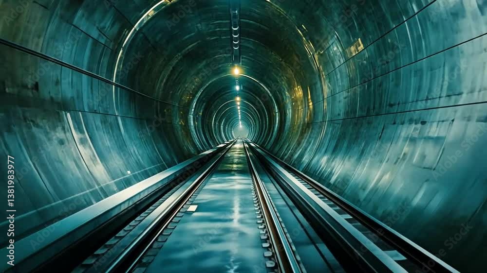 Abstract tunnel perspective with industrial lighting, showcasing depth and vanishing point view