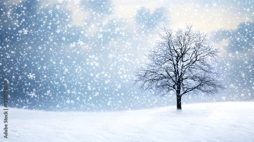 Lone Tree Amidst Pristine Snow-Covered Landscape Evokes Tranquil Stillness and Tranquility Lone Tree Amidst Pristine Snow-Covered Landscape Evokes Tranquil Stillness and Tranquility