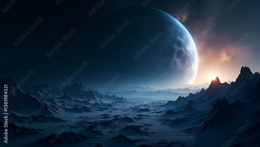 Obraz premium Futuristic Space Travel Wallpaper: Merging Cosmic Landscapes with Modern Minimalism and Scientific Progress for Innovative Visual Experiences in Digital Art