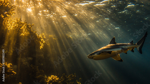 Fierce Shark Patrolling Coral Reef in Sunlit Ocean Depths