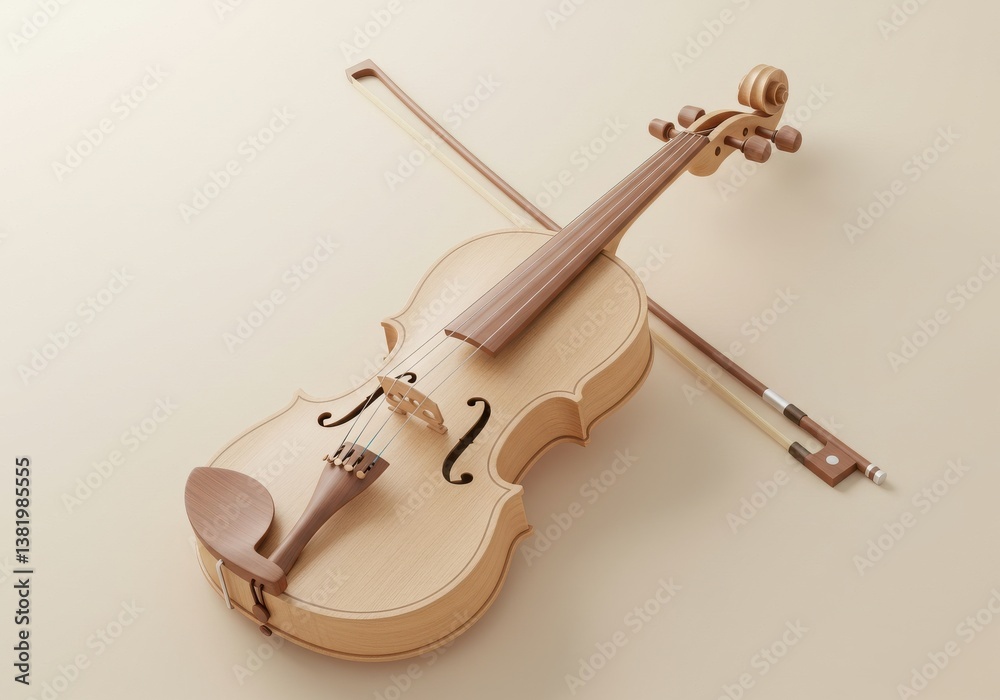 Fototapeta premium A light brown violin with a bow resting on a beige background in a studio setting perfectly lit