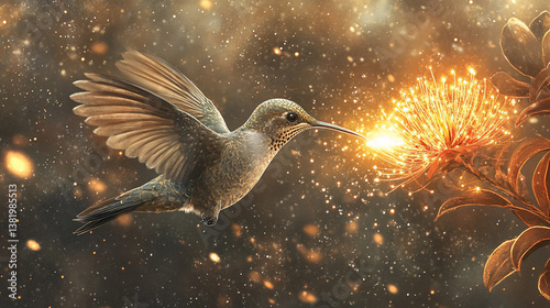 Close-Up of Hummingbird Hovering Near Glowing Flower in Midair