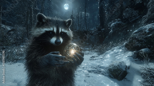 Mischievous Raccoon Examining Treasure Under Moonbeams