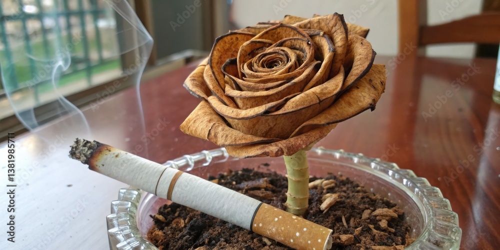 Dried flower with a cigarette resting beside it highlights contrasting beauty and habit