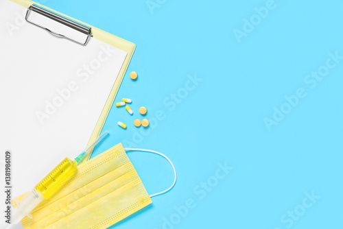Blank clipboard with pills,...