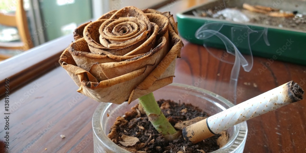 Dried rose with cigarette in a glass vase on a wooden table in a casual indoor setting