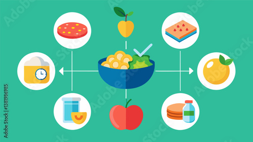 A display showcasing the recommended daily servings of each food group with examples of healthy meals that meet these guidelines.. Vector illustration
