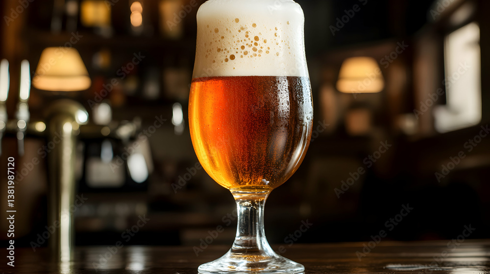 Refreshing bojalwa beer in a glass on a wooden bar, capturing its vibrant color and inviting foam Refreshing bojalwa beer in a glass on a wooden bar, capturing its vibrant color and inviting foam