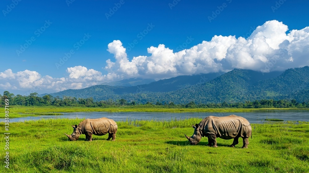 Fototapeta premium Rhinos Grazing in Green Field