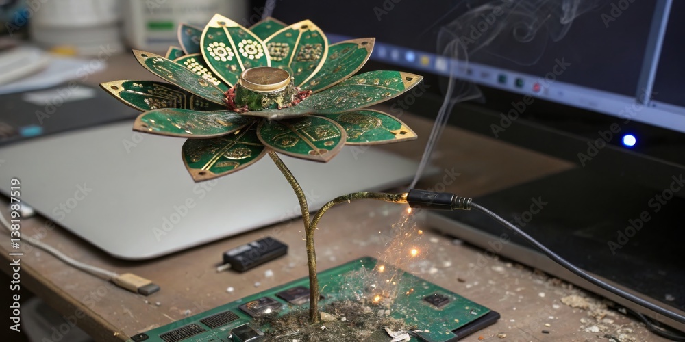 Creative electronic art piece simulating a lotus flower with smoke and sparks on a tech workspace