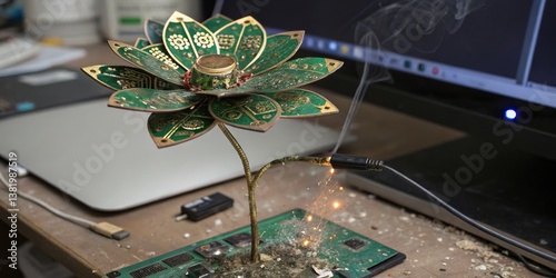 Obraz na płótnie Creative electronic art piece simulating a lotus flower with smoke and sparks on a tech workspace w salonie