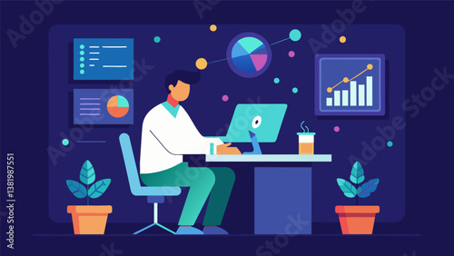 A lone researcher sitting in front of a monitor analyzing complex data sets and making notes in a notebook.. Vector illustration