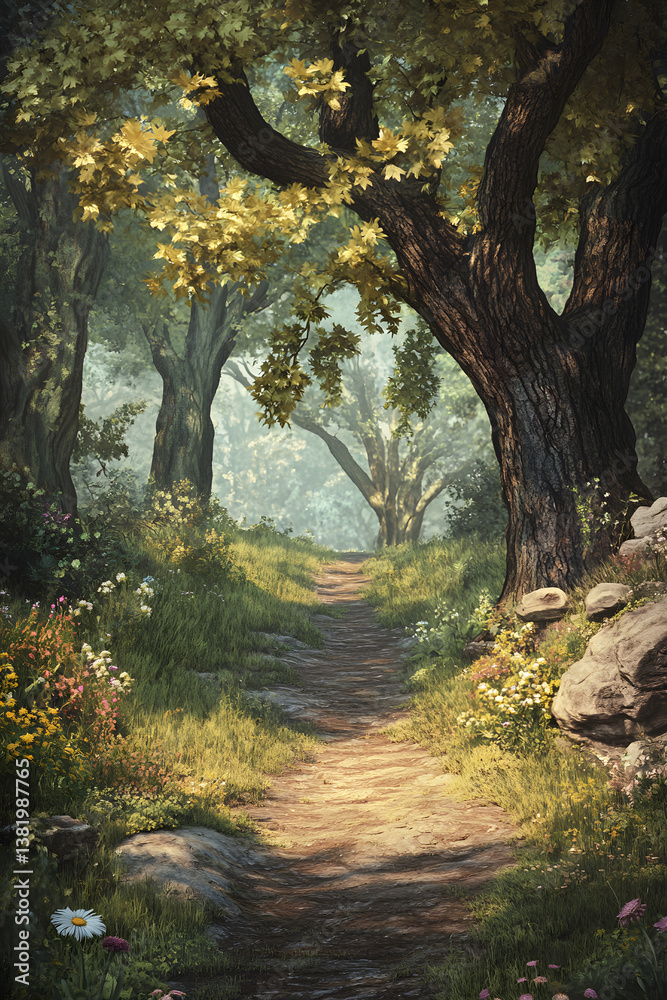 Naklejka premium Enchanted Journey: Embracing the Serenity of Forest Wandering amidst Nature's Timeless Canopy