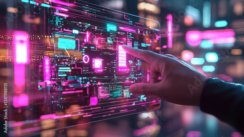 Futuristic technology interface with vibrant colors, showcasing data visualization and cyber elements. hand interacts with digital display, emphasizing innovation and connectivity