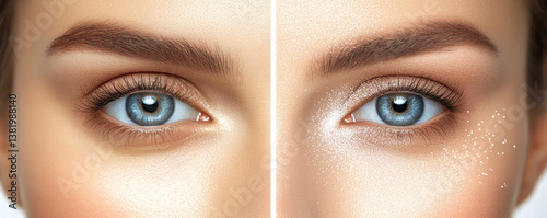 Two different faces, one with a lot of makeup and the other with none. The makeup on the first face is very heavy and covers most of the face, while the second face has a more natural look