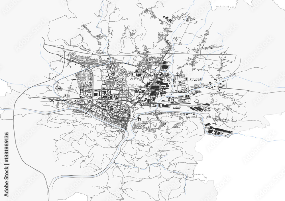 Fototapeta premium vector map of highway, buildings and waterways of celje city in Slovenia with black and white color