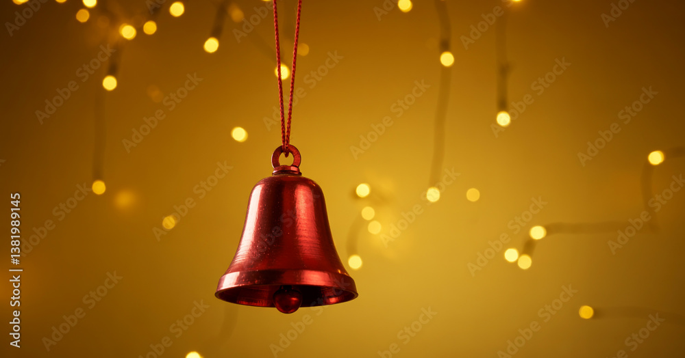 Obraz premium A close-up photograph of a red metal Christmas bell hanging against a golden bokeh background
