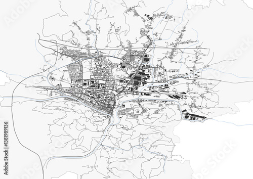vector map of highway, buildings and waterways of celje city in Slovenia with black and white color