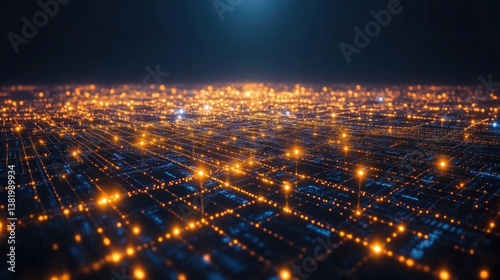 Wallpaper Mural A computer generated image of a cityscape with a blue and orange background. The city is lit up with bright lights, giving it a futuristic and technological feel Torontodigital.ca