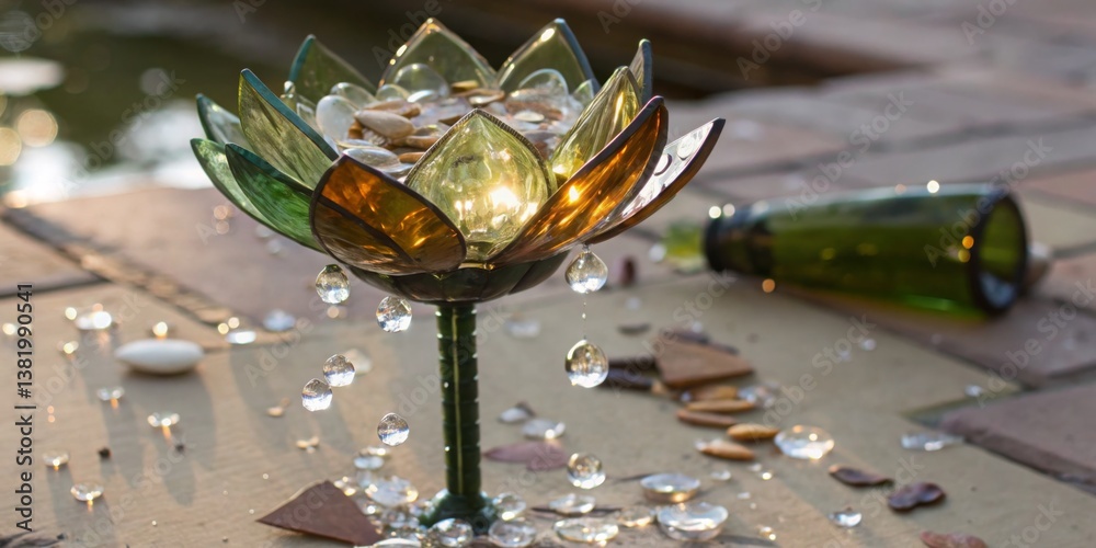 Decorative glass lotus flower centerpiece with stones and droplets set on a wooden table by a pool during golden hour