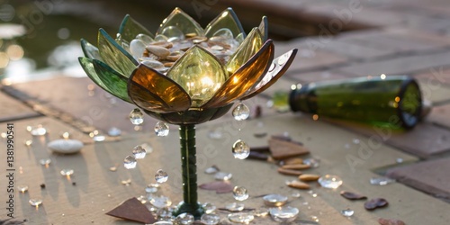 Obraz na płótnie Decorative glass lotus flower centerpiece with stones and droplets set on a wooden table by a pool during golden hour w salonie
