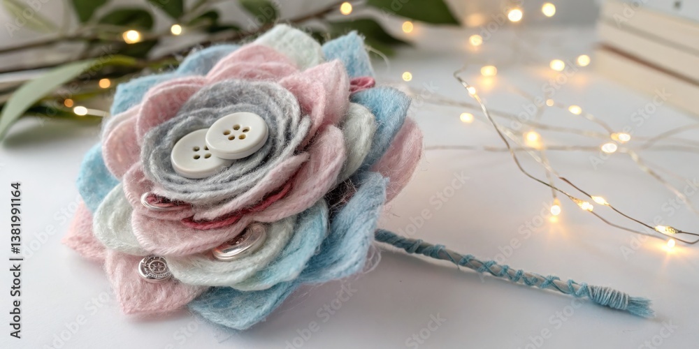 Colorful felt flower brooch displayed on a white surface with decorative lights in the background