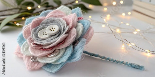 Obraz na płótnie Colorful felt flower brooch displayed on a white surface with decorative lights in the background w salonie