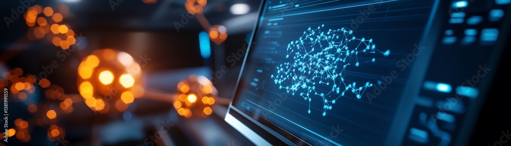 Futuristic digital interface with data visualization and molecular graphics. Futuristic digital interface with data visualization and molecular graphics.