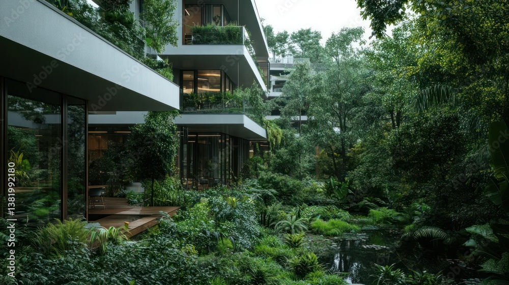Modern Architectural Building With Lush Greenery Reflecting in Natural Pond Under Cloudy Sky Modern Architectural Building With Lush Greenery Reflecting in Natural Pond Under Cloudy Sky