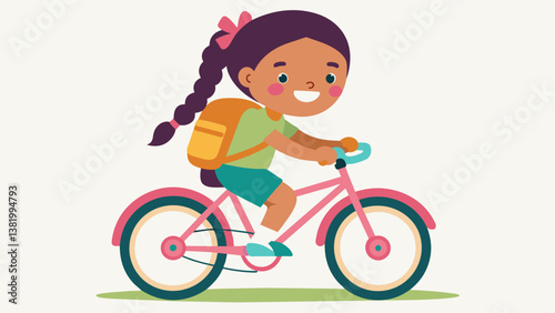 A girl with braided pigtails and a backpack decorated with colorful patches riding her bright pink bike a huge smile on her face as she eagerly anticipates seeing her friends at. Vector illustration
