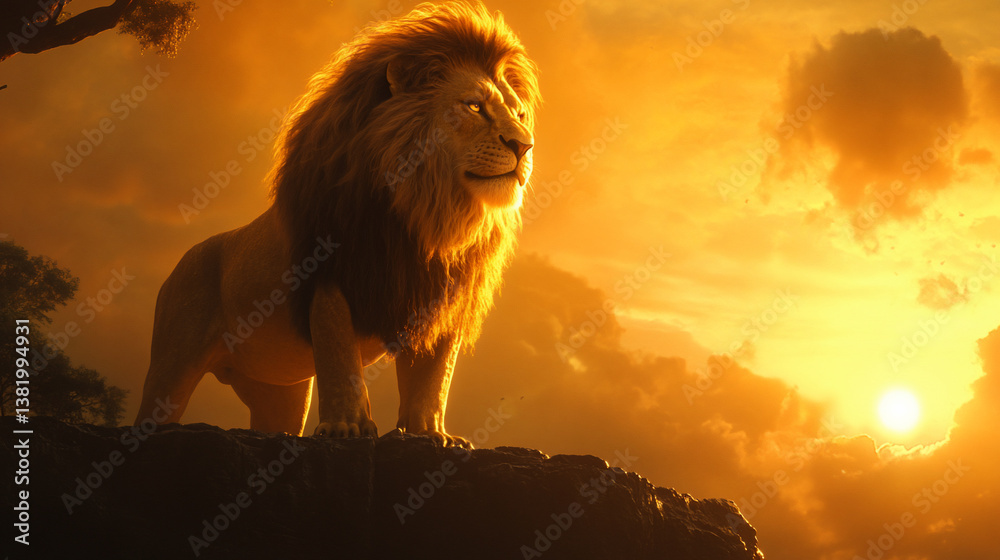 Obraz premium Aureate Lion with Glowing Halo on Mountain at Dusk