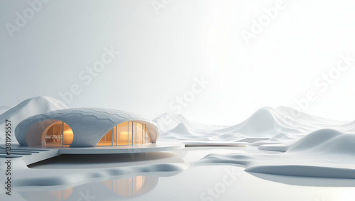 3D Exhibit an elegant wallpaper design capturing future space habitats with extensive negative space and refined digital imagery that denote advanced sustainable technology innovative habitat integrat