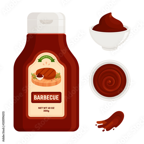 Barbecue bottle with label, sauce in bowl, swirl, and splash. Condiment, food seasoning, and fast food concept. Flat vector illustration isolated on white background