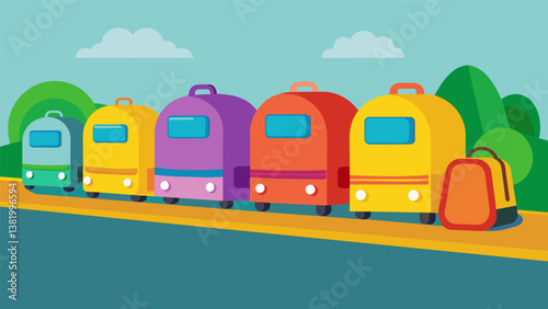A line of colorful backpacks lines the sidewalk patiently waiting for the arrival of the iconic yellow school bus.. Vector illustration