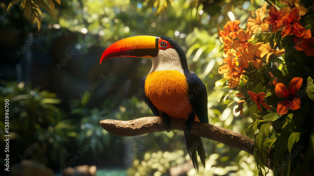 Obraz premium Exotic Toucan Resting on Rainforest Branch with Floral Backdrop