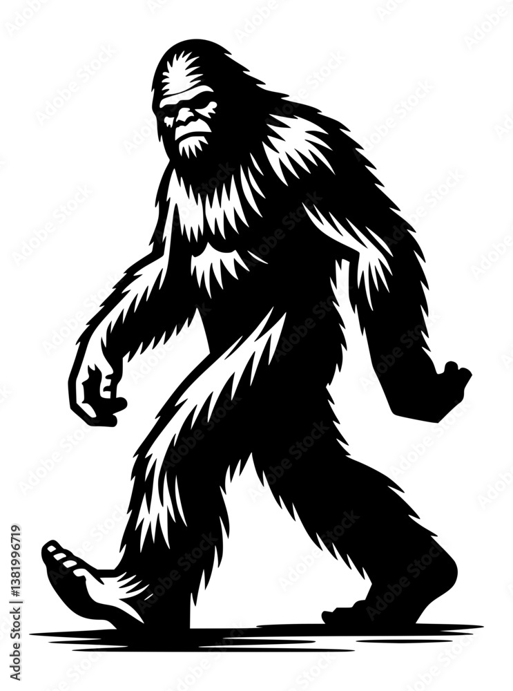 Fototapeta premium Bigfoot Snowman Sasquatch Ape Monkey Walk Animal Logo Sign Graphic Silhouette Shape Clipart Digital Art Illustration