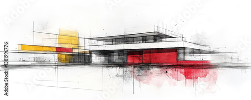 A building with red and yellow stripes is shown in a painting. The building is a modern design with a lot of detail. The colors of the building are bright and bold, giving the painting a lively